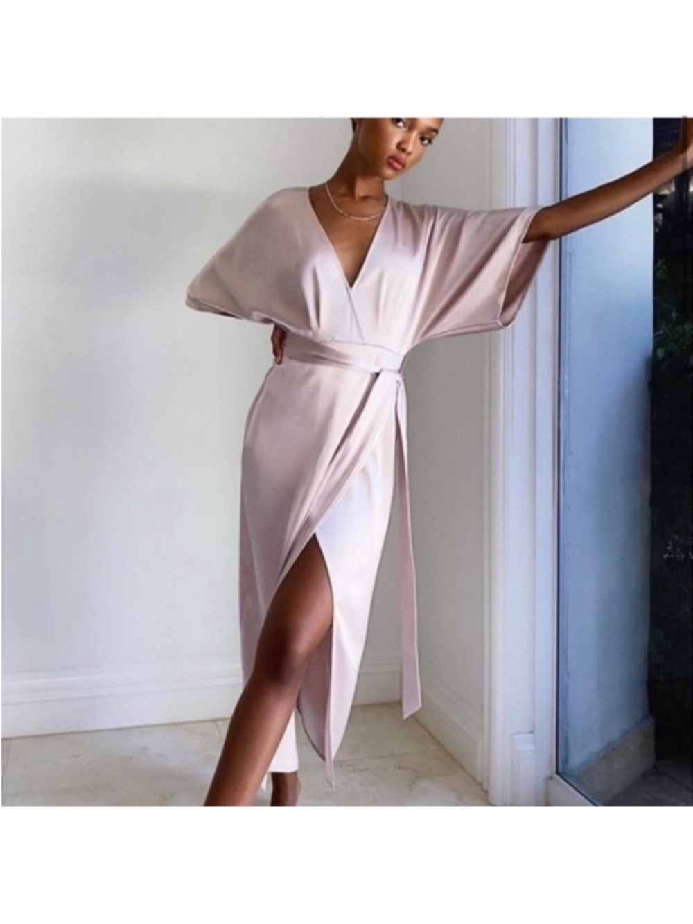 Babaton Blush Pink Slip Dress with V-Neck